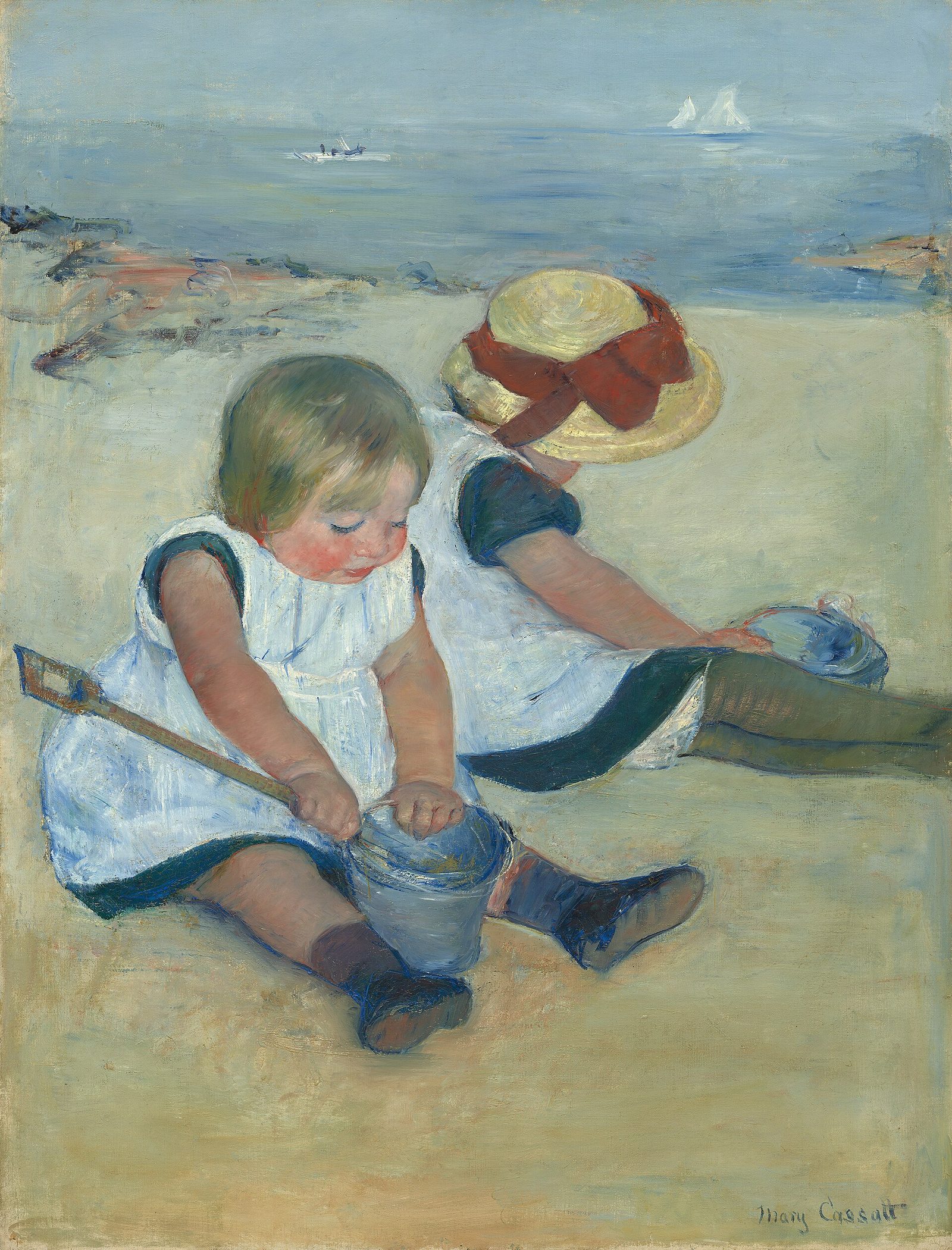 Mary Cassatt’s painting Children Playing on the Beach: two toddlers digging in the sand side by side
