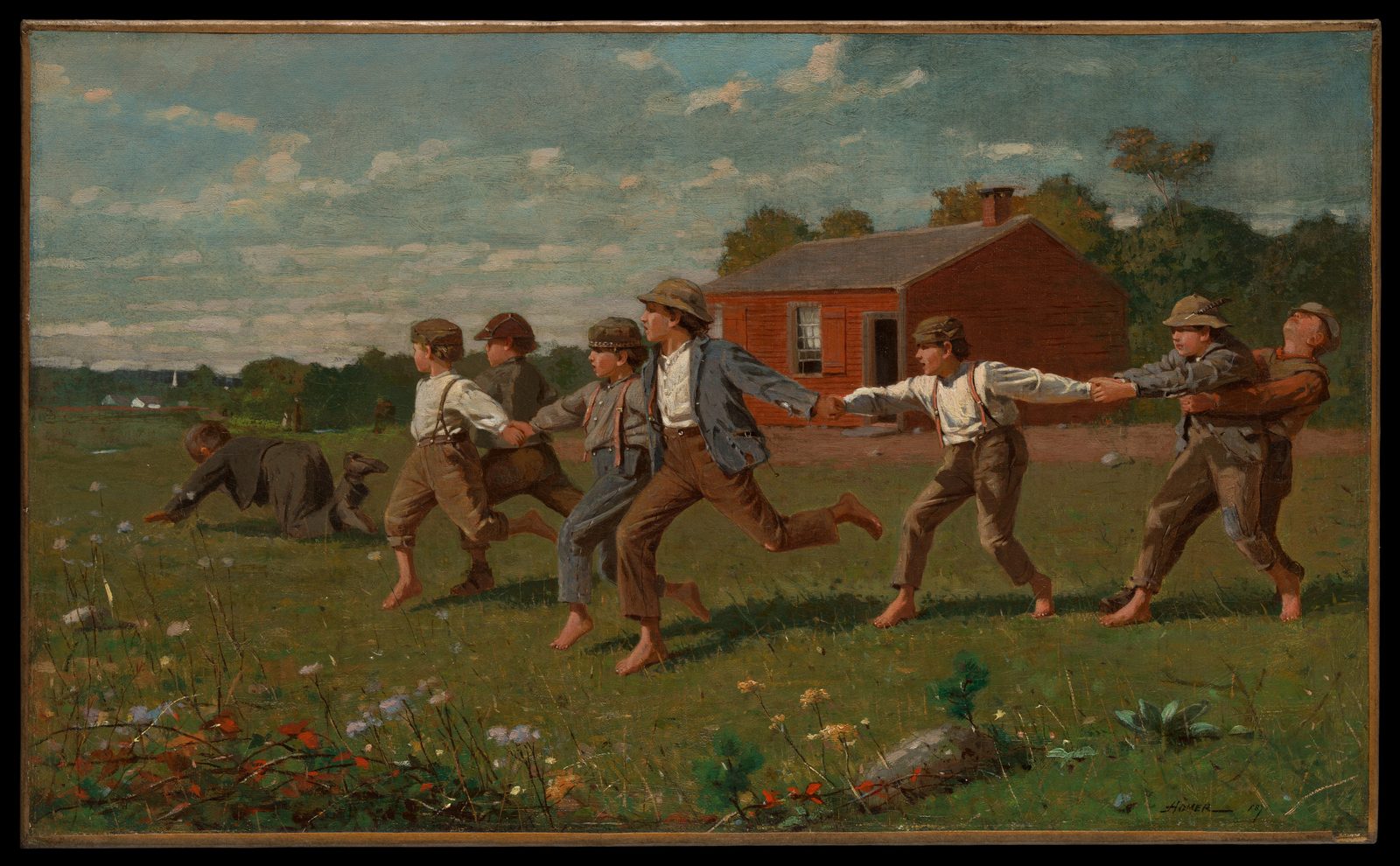 Winslow Homer’s painting Snap the Whip: children playing a running game in a meadow outside a schoolhouse