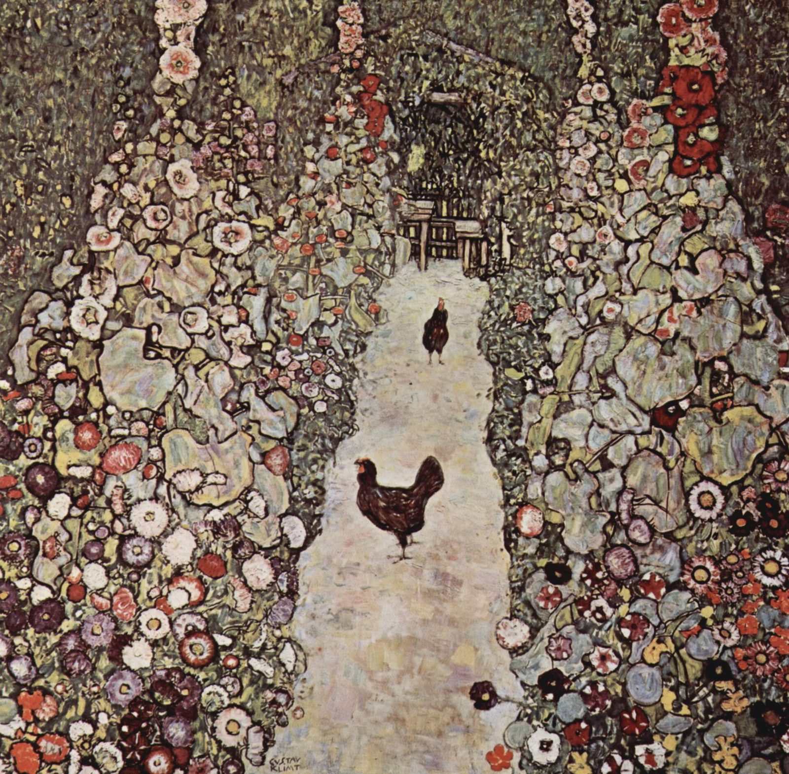 Gustav Klimt’s painting Garden Path with Chickens: a pale path through dense banks of flowers, with two chickens
