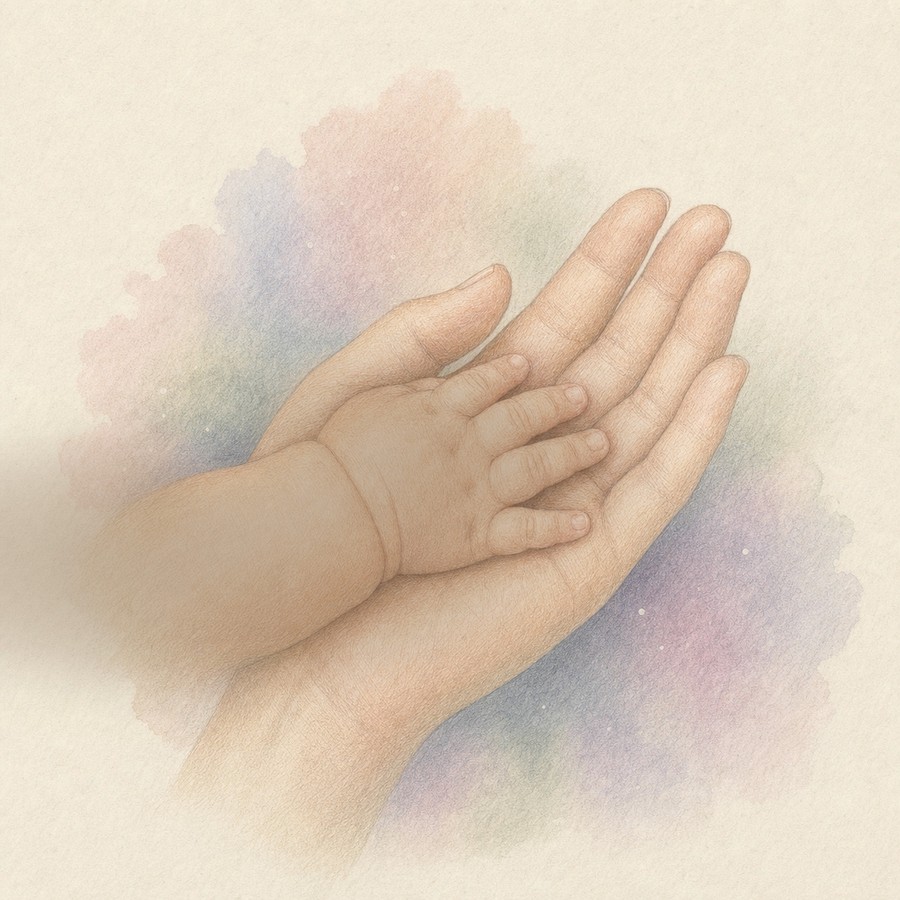 A baby’s hand resting in an adult’s open hand