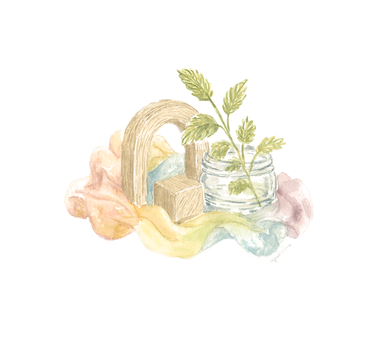 A watercolor arrangement of open-ended materials and a small plant