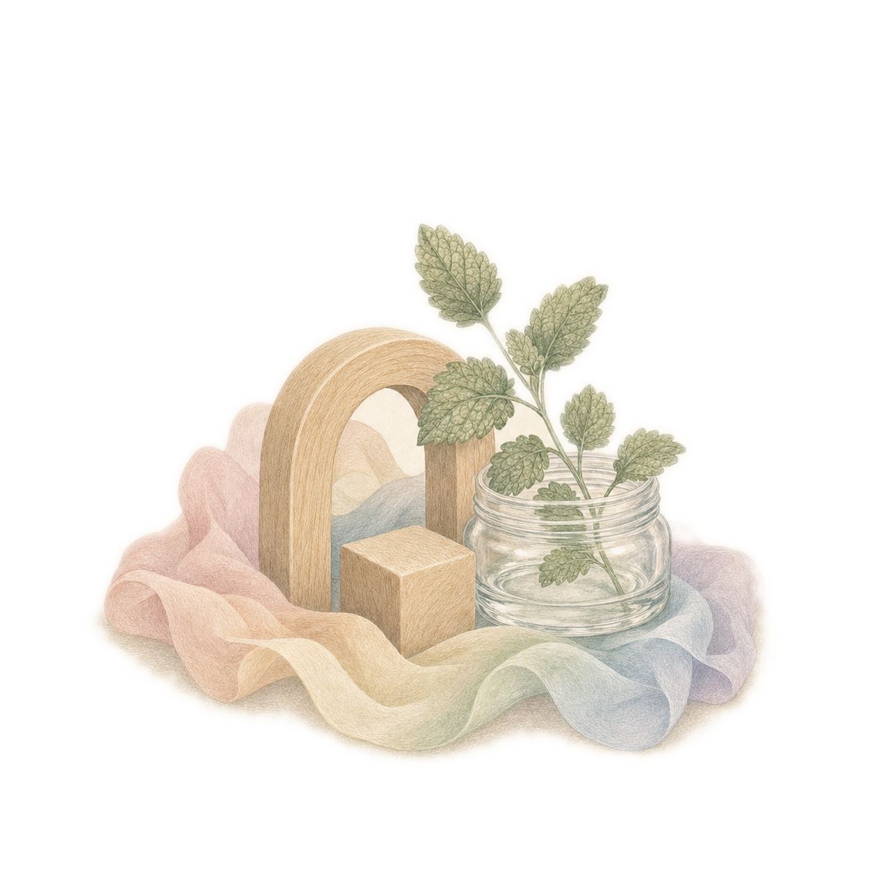 A small wooden archway and cube beside a glass jar of fresh herb cuttings, draped with soft rainbow silks — natural toys and materials from the Infant Atelier home nursery.